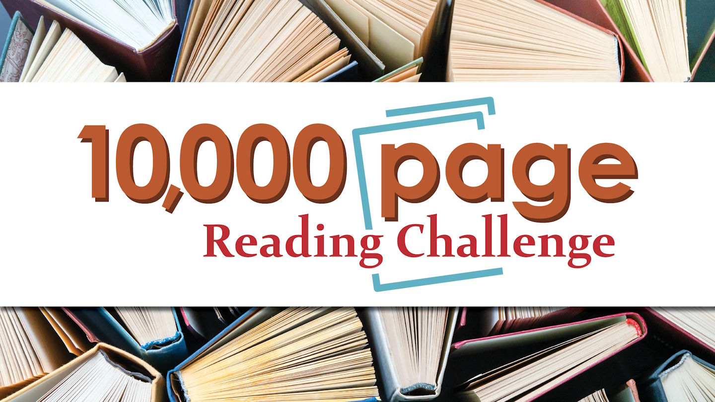 purple background with book tops ten thousand page reading challenge