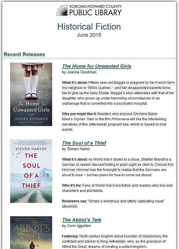 Screen shot of Next Reads Historical Fiction Newsletter