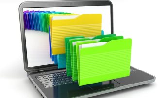 Various colored 3 dimensional folders coming out of a laptop screen